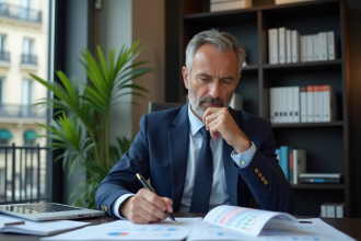 Homme d affaires français analysant des rapports financiers dans un bureau