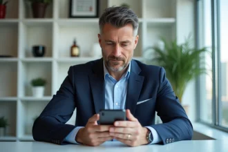 Homme d'affaires en costume regardant son smartphone