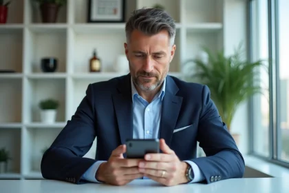 Homme d'affaires en costume regardant son smartphone