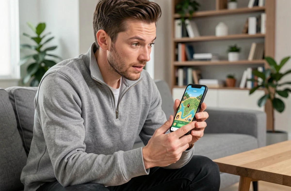 Homme adulte consultant une application Pokémon Émeraude sur smartphone dans un salon moderne