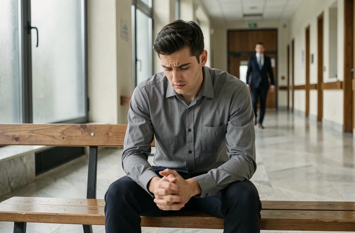 Jeune homme assis seul dans un couloir de palais de justice attendant le verdict illustrant la différence entre déboutement et relaxe en droit français