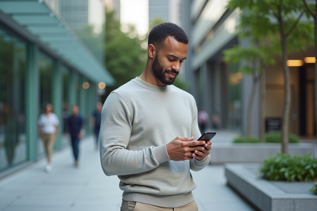Homme en extérieur utilisant son smartphone pour la banque