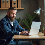 Homme en bureau de construction regardant un site web