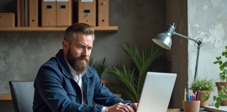 Où acheter du matériel professionnel de bâtiment : top des sites de vente en ligne Homme en bureau de construction regardant un site web