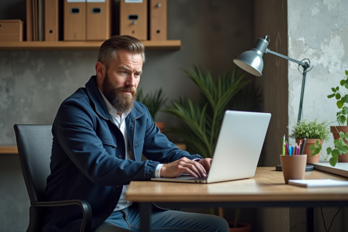 homme-bureau-chantier-internet Homme en bureau de construction regardant un site web