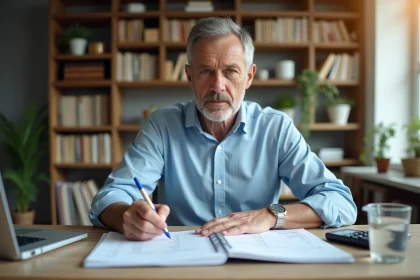 Homme d'âge moyen dans un bureau à domicile en train de remplir un cahier