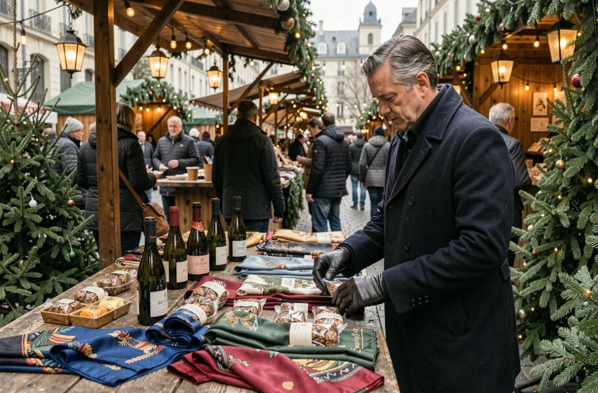 Homme parcourant des cadeaux made in Lyon — soieries, vins et chocolats — au marché de Noël de Lyon