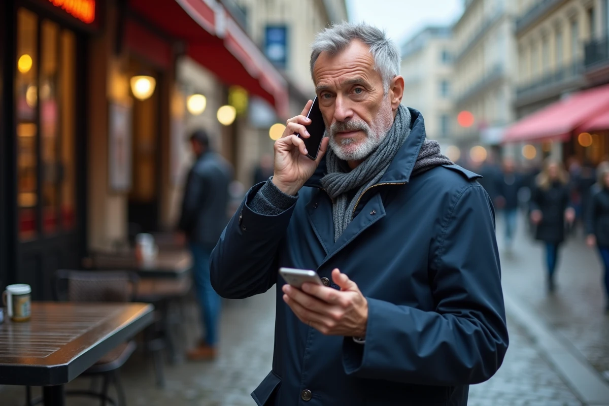 Homme en imperméable au café en ville en train de répondre au téléphone