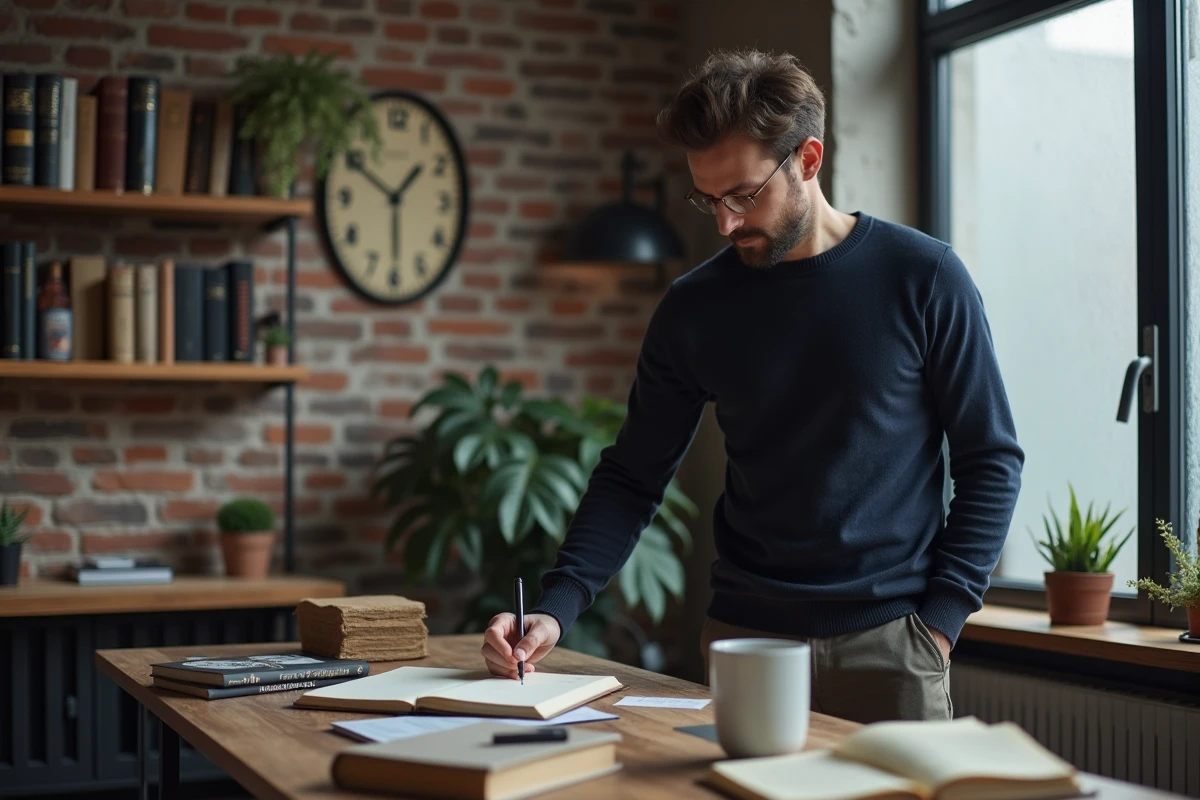 Homme écrivant dans un carnet de développement personnel devant une horloge analogique affichant 11h11 dans un bureau à domicile