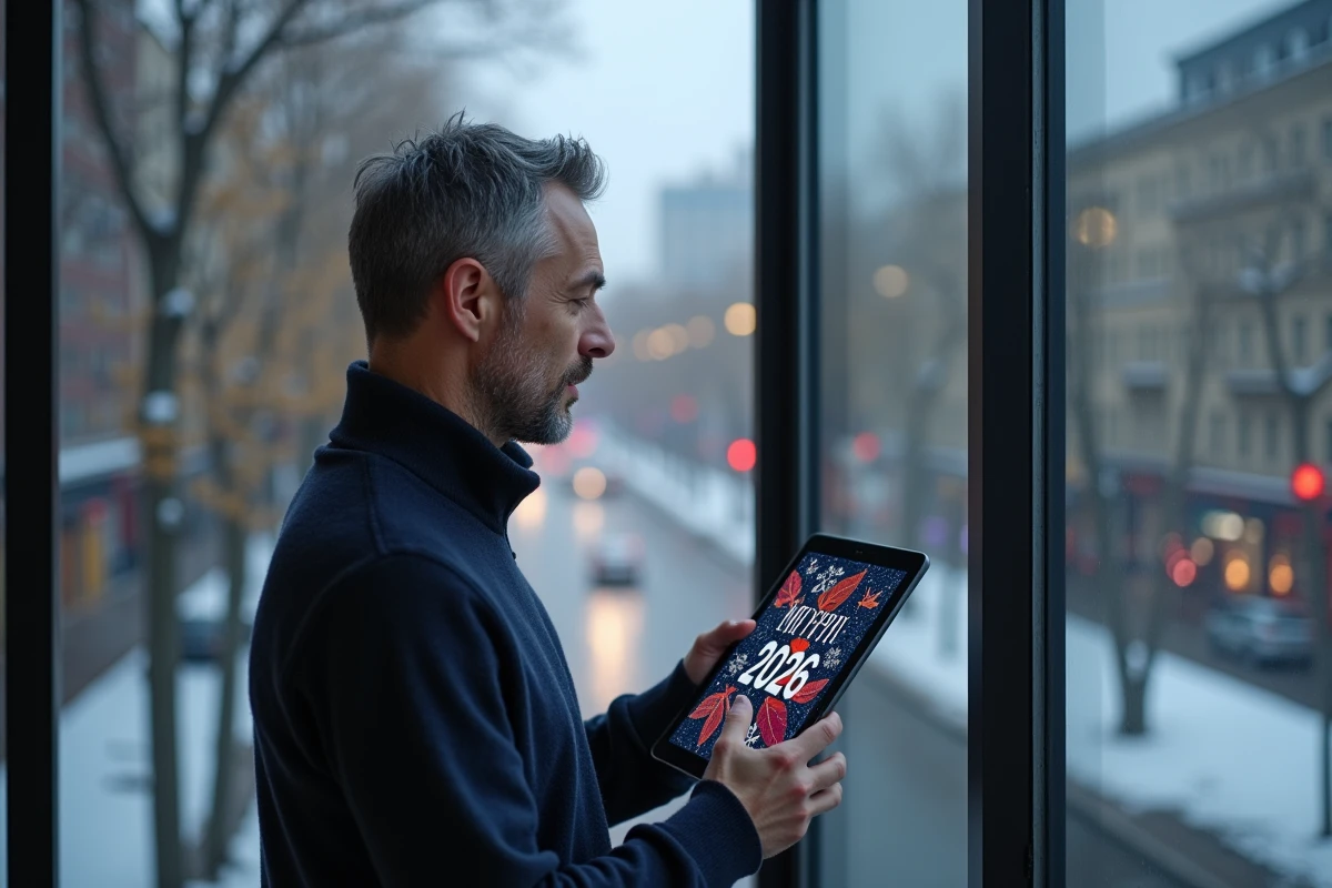 Homme tenant une tablette affichant une carte de vœux numérique animée pour le Nouvel An 2026 devant une fenêtre hivernale urbaine
