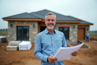 Homme français avec plans devant maison en construction