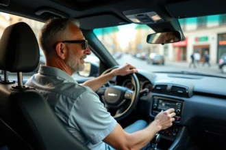 Homme d'âge moyen dans sa voiture à Paris souriant