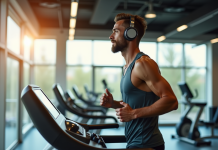 Jeune homme courant sur tapis avec écouteurs high-tech