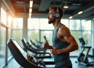 Jeune homme courant sur tapis avec écouteurs high-tech