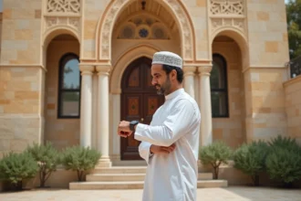 Homme en djellaba blanche vérifiant l'heure de la prière du vendredi devant une mosquée à Bordeaux