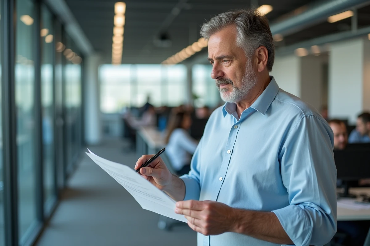 Homme en bureau moderne examinant un document imprimé avec une erreur grammaticale corrigée au stylo