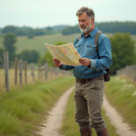 Homme d'âge moyen examinant une carte dans un champ rural