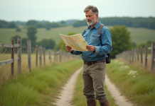 Homme d'âge moyen examinant une carte dans un champ rural