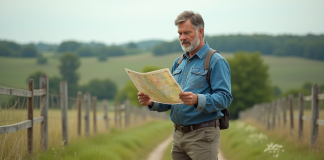 Gagner de l’argent sur terrain non constructible : astuces rentables à connaître ! Homme d'âge moyen examinant une carte dans un champ rural