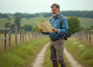 Homme d'âge moyen examinant une carte dans un champ rural