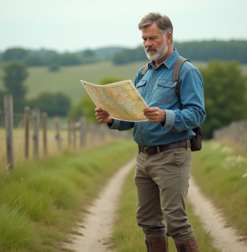 Homme d'âge moyen examinant une carte dans un champ rural