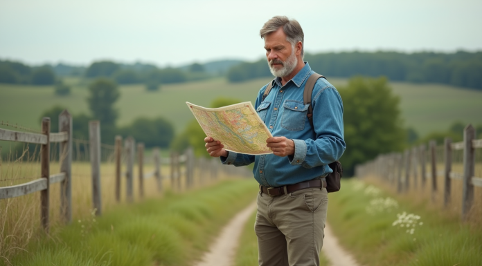 Homme d'âge moyen examinant une carte dans un champ rural