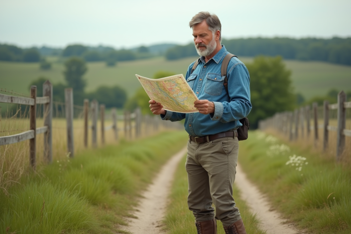 Homme d'âge moyen examinant une carte dans un champ rural