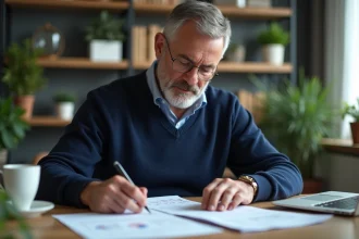 Homme d'âge moyen examinant documents fiscaux immobiliers