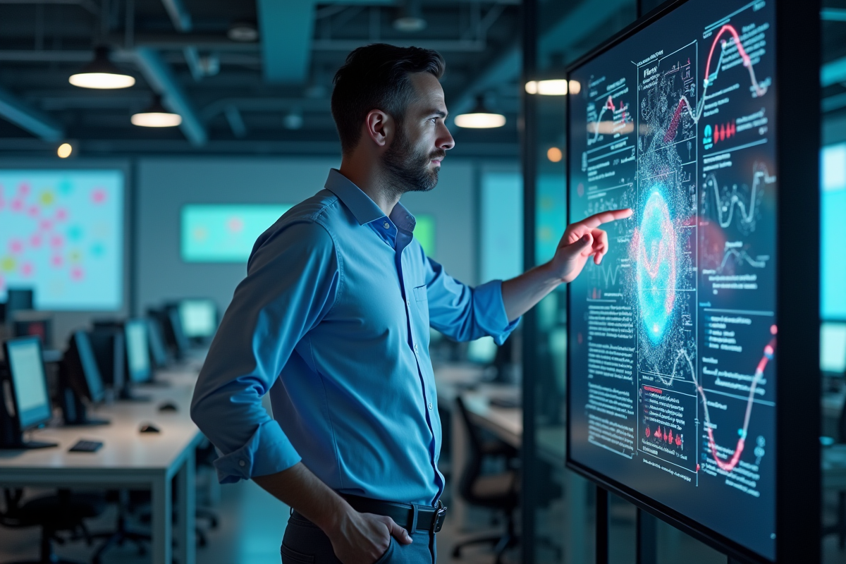 Homme en chemise interactif avec diagrammes de réseaux neuronaux