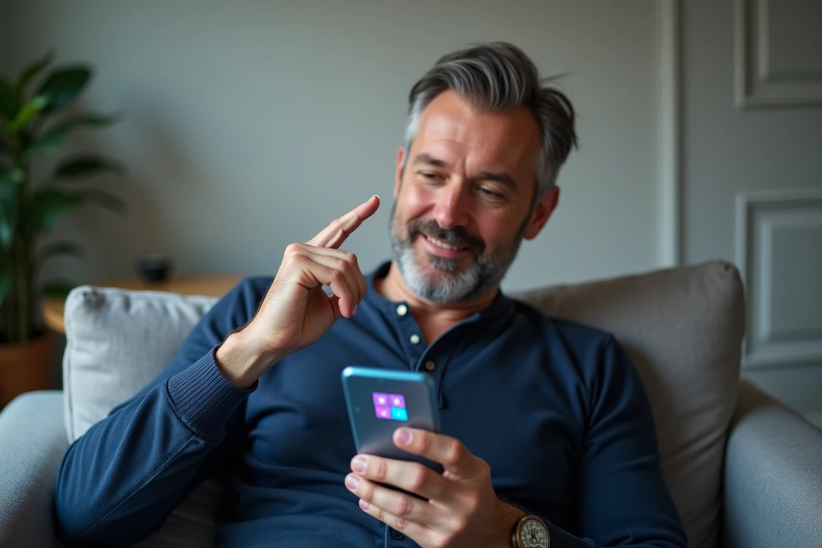 Homme jouant à un jeu de mots croisés sur smartphone dans un salon moderne, expression réfléchie