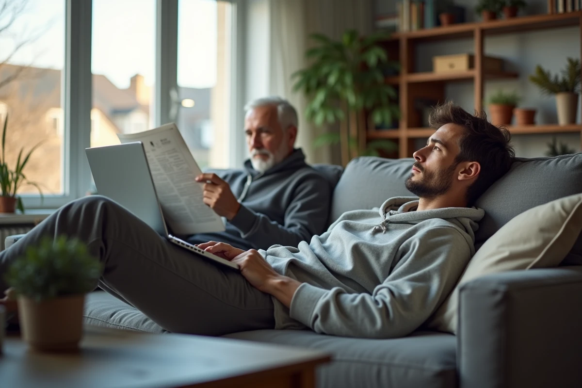 Jeune homme sur un canapé avec son père lisant