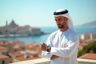 Homme consultant sa montre sur une terrasse marseillaise avec vue sur le Vieux-Port et Notre-Dame de la Garde, illustrant les horaires de prière à Marseille