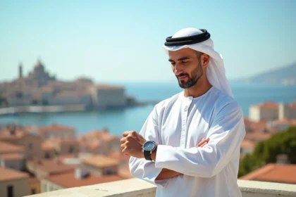 Homme consultant sa montre sur une terrasse marseillaise avec vue sur le Vieux-Port et Notre-Dame de la Garde, illustrant les horaires de prière à Marseille