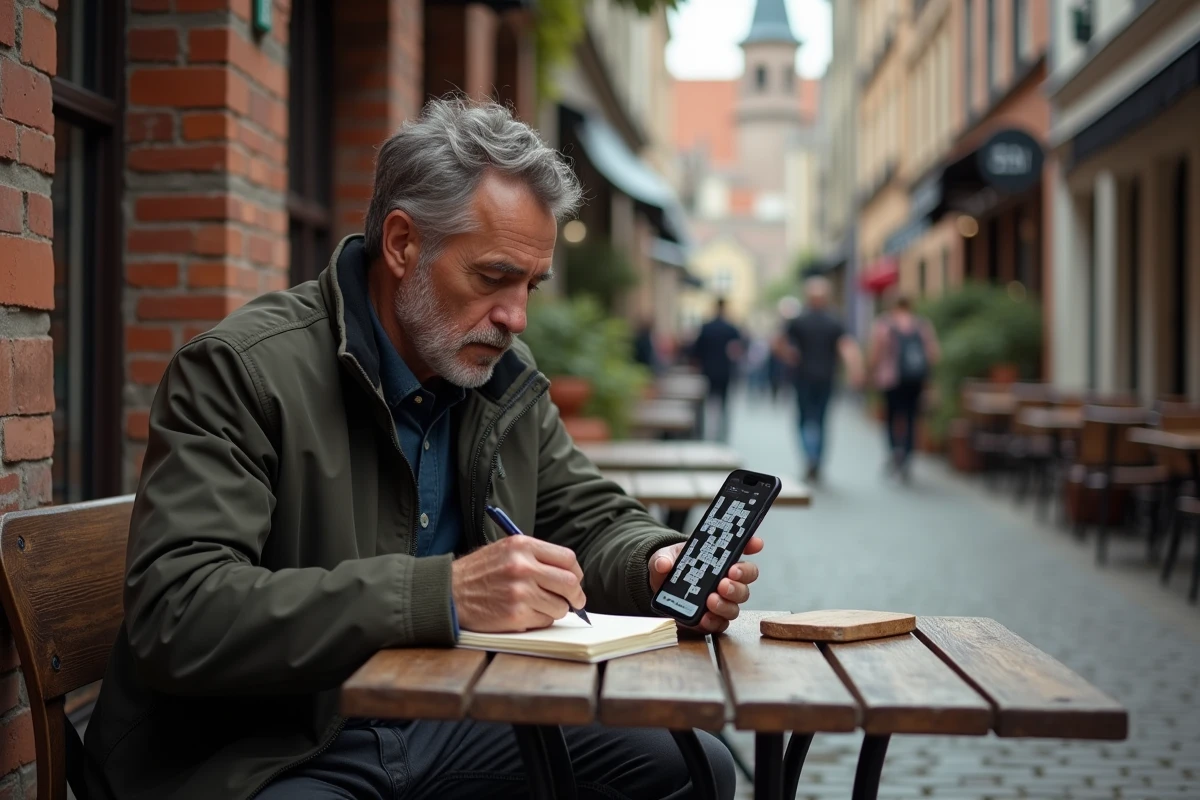 Homme résolvant des mots croisés dans un café de place de marché belge avec un beffroi en arrière-plan