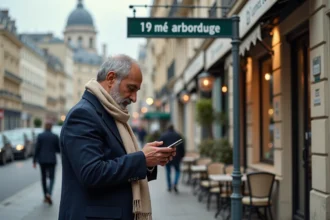 Homme musulman regardant son smartphone à Paris