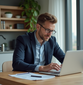 Homme détendu analysant des annonces immobilières à la maison