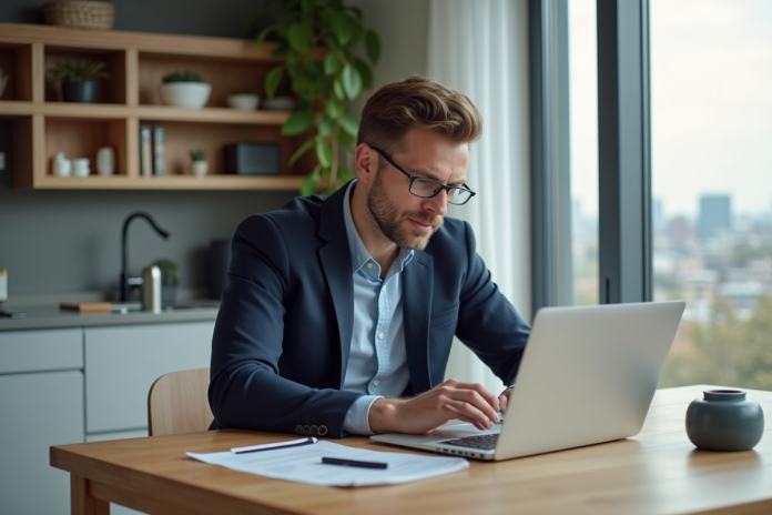 homme-recherche-immobilier Homme détendu analysant des annonces immobilières à la maison