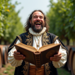 Homme d age en costume renaissance riant dans un vignoble