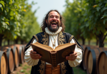 Homme d age en costume renaissance riant dans un vignoble