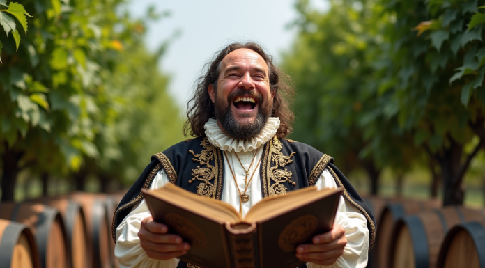 Homme d age en costume renaissance riant dans un vignoble