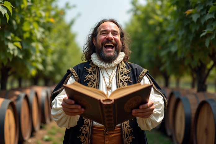 Homme d age en costume renaissance riant dans un vignoble