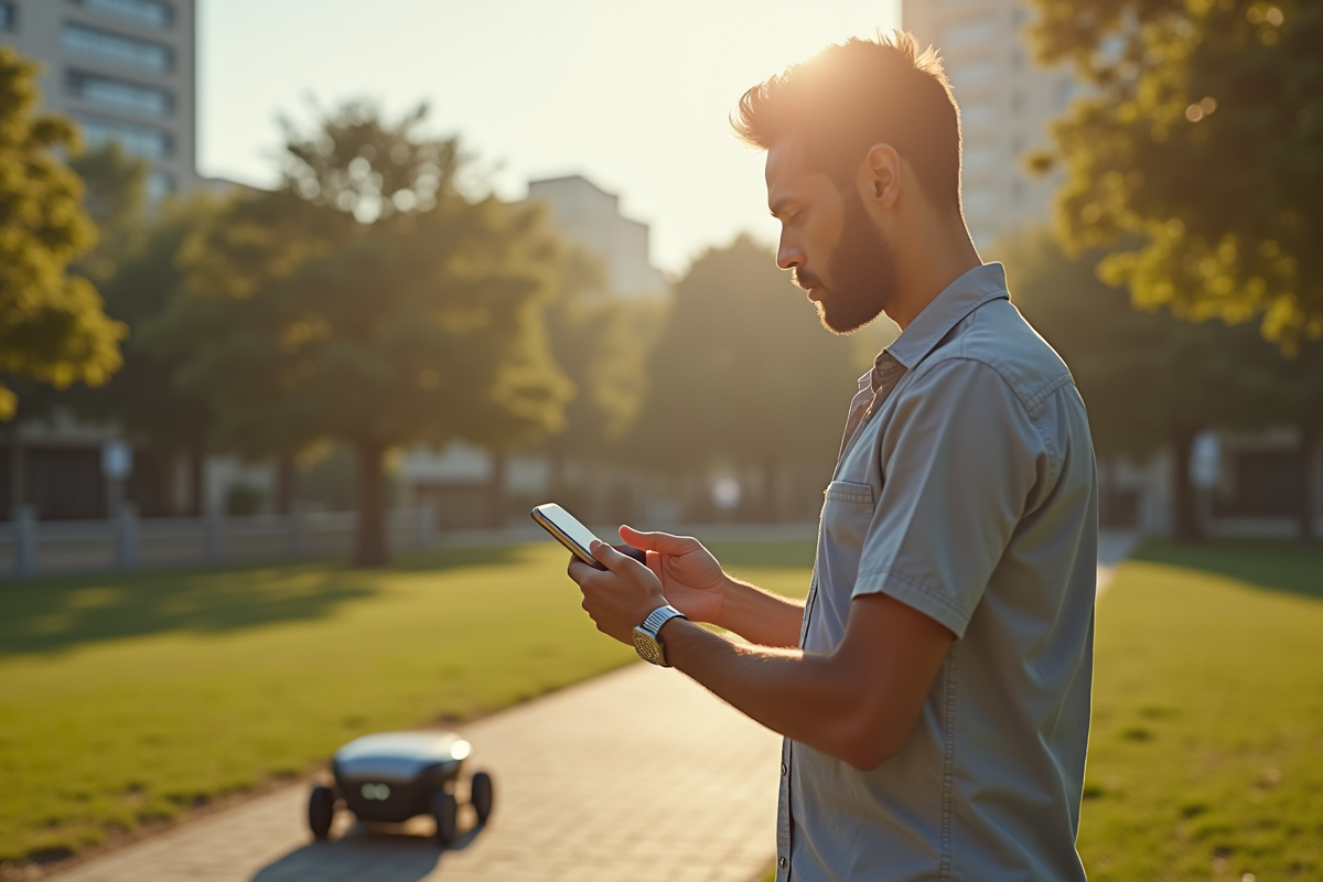 Homme confus avec smartphone et robot dans un parc urbain