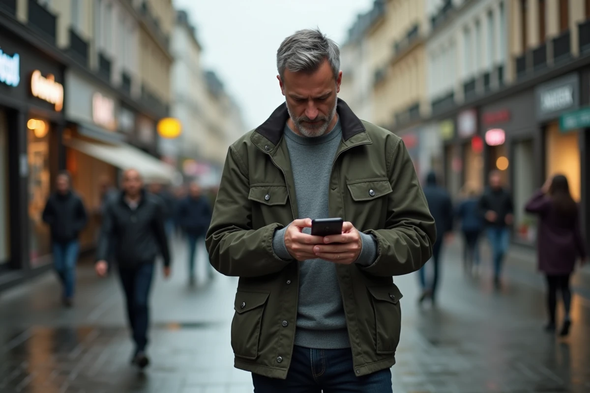 Homme d'âge mûr dans une rue urbaine consultant son téléphone avec une expression sceptique face à une tendance des réseaux sociaux