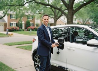 Homme souriant avec voiture électrique moderne dans la rue