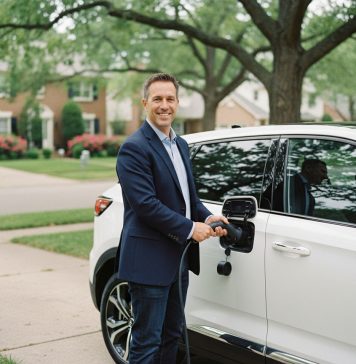 Homme souriant avec voiture électrique moderne dans la rue