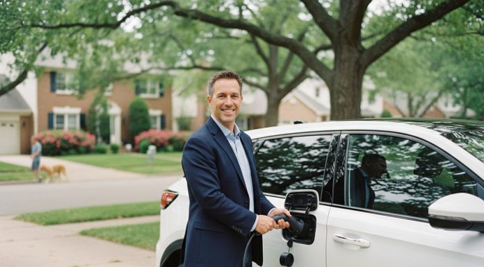 Homme souriant avec voiture électrique moderne dans la rue