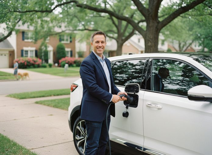 Homme souriant avec voiture électrique moderne dans la rue