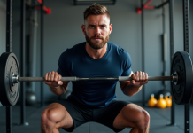 Homme athlétique en pleine répétition de squats en salle de CrossFit