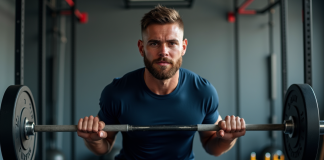 Homme athlétique en pleine répétition de squats en salle de CrossFit