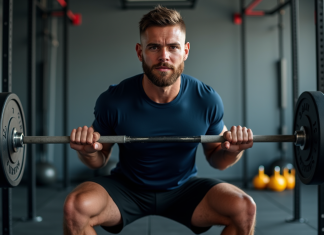 Maximisez votre performance avec des séances EMOM en CrossFit Homme athlétique en pleine répétition de squats en salle de CrossFit